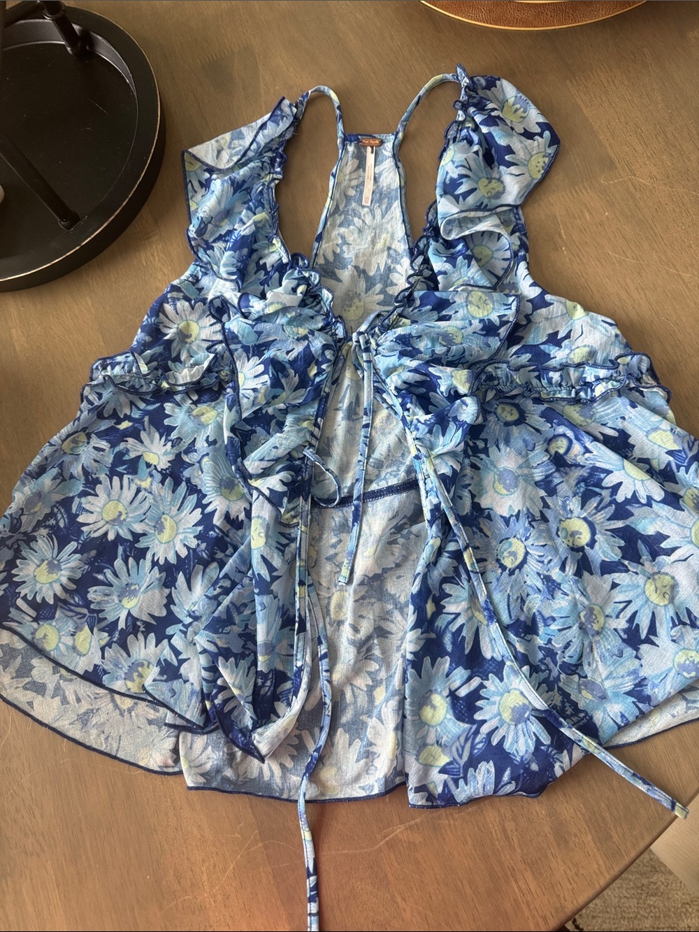 Free People Blue Floral Ruffle Tie-Front Tank Top